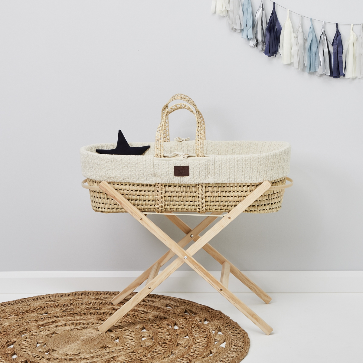 Little Green Sheep Natural Knitted Moses Basket with Mattress & Moses Basket Stand - Linen
