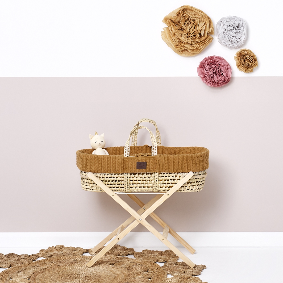 Little Green Sheep Natural Knitted Moses Basket with Mattress & Moses Basket Stand - Honey