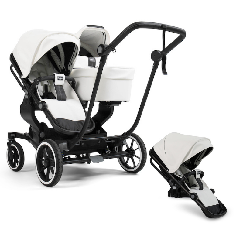 Emmaljunga NXT Double Pram System With Black Chassis - White Leatherette