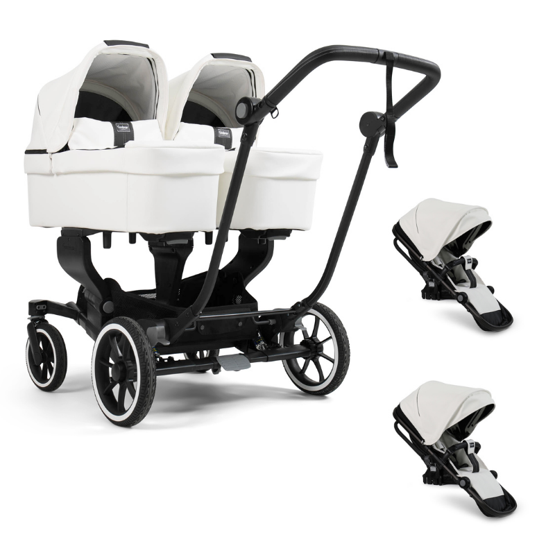 Emmaljunga NXT Twin Pram System With Black Chassis - White Leatherette