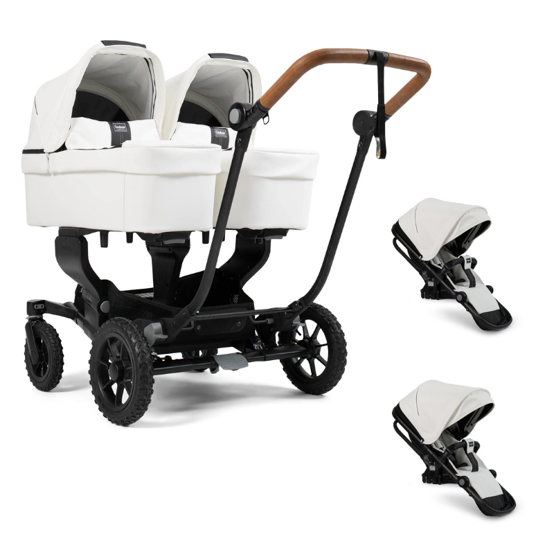 Emmaljunga NXT Twin Pram System With Outdoor Chassis - White Leatherette